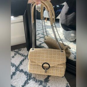 Sandro Chic Tan Tweed Shoulder Bag With Silver Twees Detail